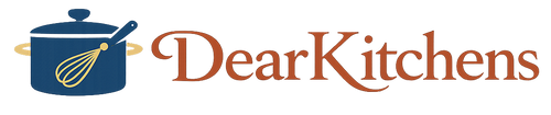 Logo of DearKitchens with a blue pot and whisk on a white background